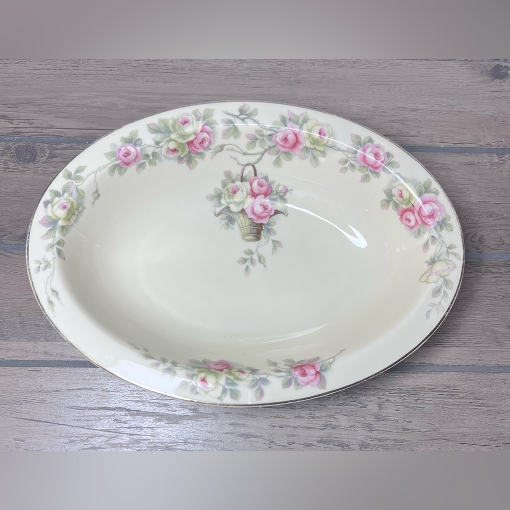 Vintage Heinrich‎ Selb Bavaria Oval Serving Bowl/Platter Pink Rose Basket gold